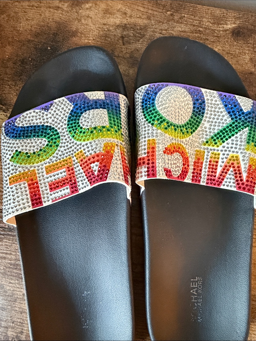 Michael Kors Slides with Rainbow Crystal Logo - Picture 3 of 5